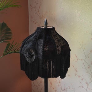 Gothic Black Velvet Lampshade with Rayon Fringe: Halloween Decor