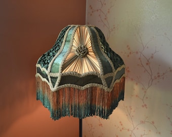 lampshade/gold-green lampshade/fabric lampshade/floor lampshade/ceiling lampshade/scallop shade/silk lampshade/pleated shade/retro lampshade