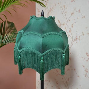 Hand-Stitched Green Silk Lampshade: Scalloped Fringe Victorian Shade