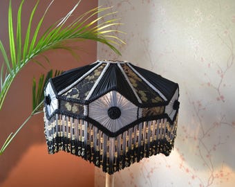 Victorian Black Silk Lampshade with Grey Lace & Beaded Fringe