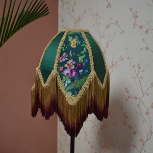 Hand-Stitched Silk Lampshade: Green Secret Garden Print with Ombre Fringe