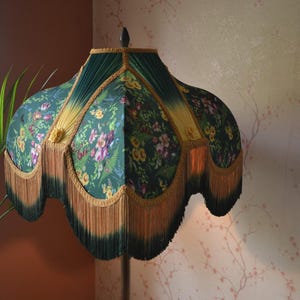 Handmade Victorian Lampshade: Green Secret Garden Print with Rayon Fringe