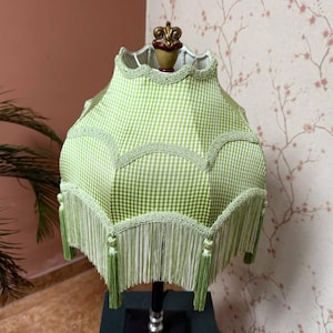 Hand-Stitched Gingham Check Silk Lampshade: Victorian Style with Green-White Fringe