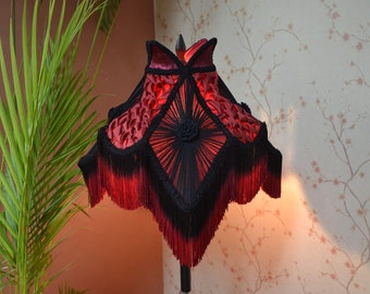Red & Black Lampshade: Velvet Victorian Style with Fringe