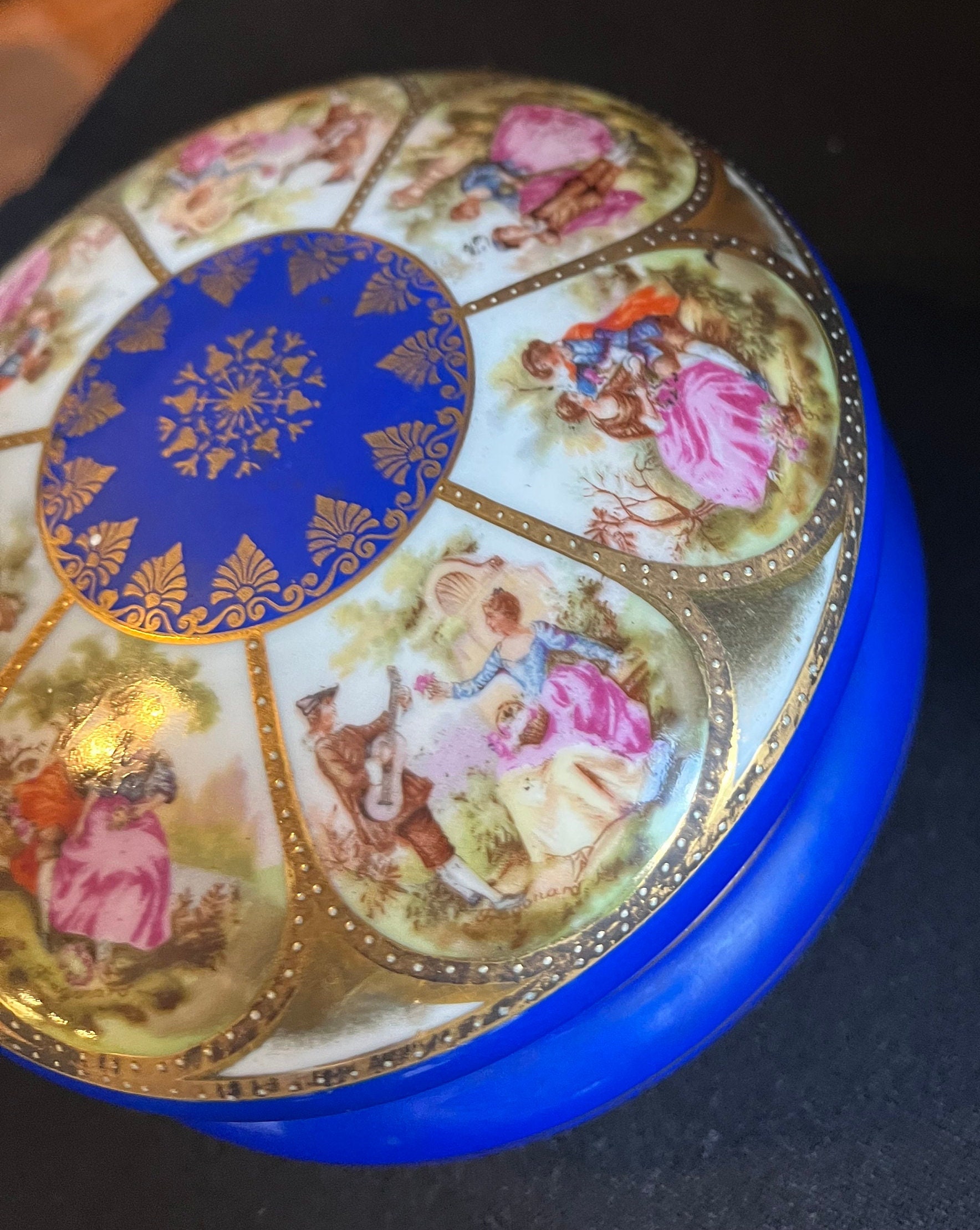 Early 1930s JWK Hand Painted Trinket Box With Lovely Ornate