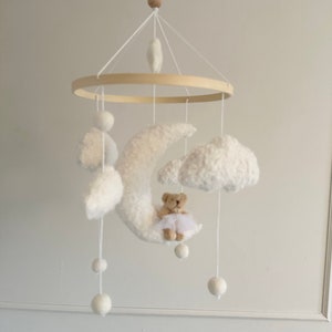 BALLERINA MOON cot mobile, teddy sitting on moon surrounded by boucle clouds, for neutral nursery decoration
