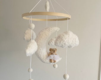 BALLERINA MOON cot mobile, teddy sitting on moon surrounded by boucle clouds, for neutral nursery decoration