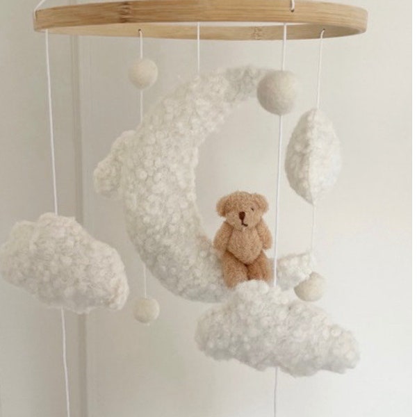 ABOVE THE CLOUDS cot mobile, boucle cot mobile, cloud mobile, neutral nursery, baby mobile, nursery mobile, crib mobile, nursery decoration