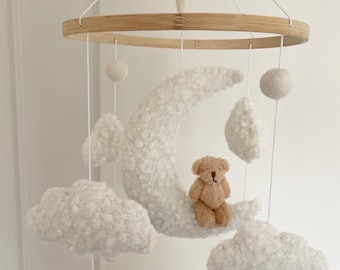 ABOVE THE CLOUDS cot mobile, boucle cot mobile, cloud mobile, neutral nursery, baby mobile, nursery mobile, crib mobile, nursery decoration