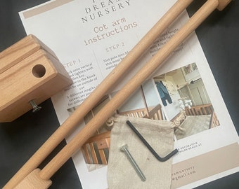 COT MOBILE & ARM set. Boucle cloud, moon  teddy bear mobile and handcrafted beech rotating cot arm.