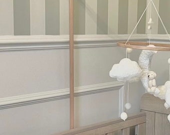 COT MOBILE + ARM, above the clouds,  boucle cloud mobile, neutral nursery, teddy nursery, nursery baby  mobile, wood cot mobile hanger