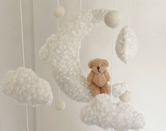 TEDDY COT MOBILE, handcrafted boucle clouds and moon featuring a little teddy bear. Gender neutral nursery decor. Name -Above the clouds.