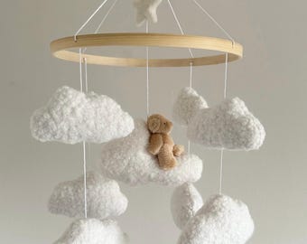TEDDY’S DREAM  cot mobile, boucle cot mobile, cloud mobile, neutral nursery, baby mobile, nursery mobile, crib mobile, nursery decoration