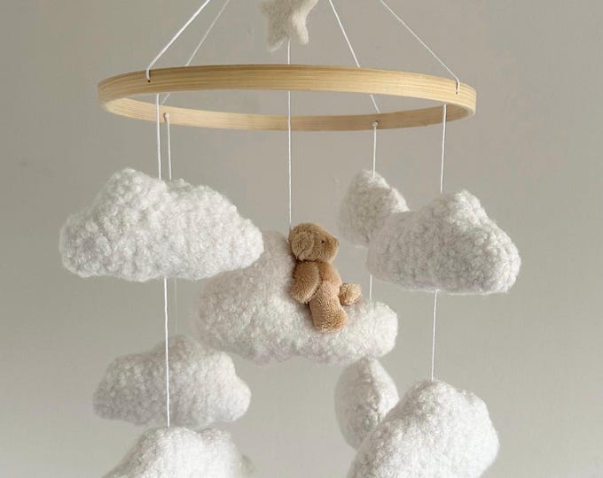 TEDDY’S DREAM  cot mobile, boucle cot mobile, cloud mobile, neutral nursery, baby mobile, nursery mobile, crib mobile, nursery decoration
