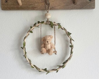 Teddy Bear Swing Wall Hanging: Nursery Decor, Bamboo Hoop (15cm)