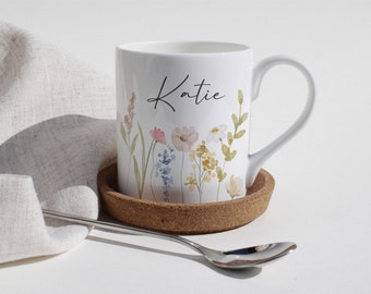 Personalised Mug and Coaster | Wildflowers | Tea or Coffee Cup | Personalised Gift | Bone China, Ceramic, Enamel | 8oz, 10oz, 11oz, 12oz