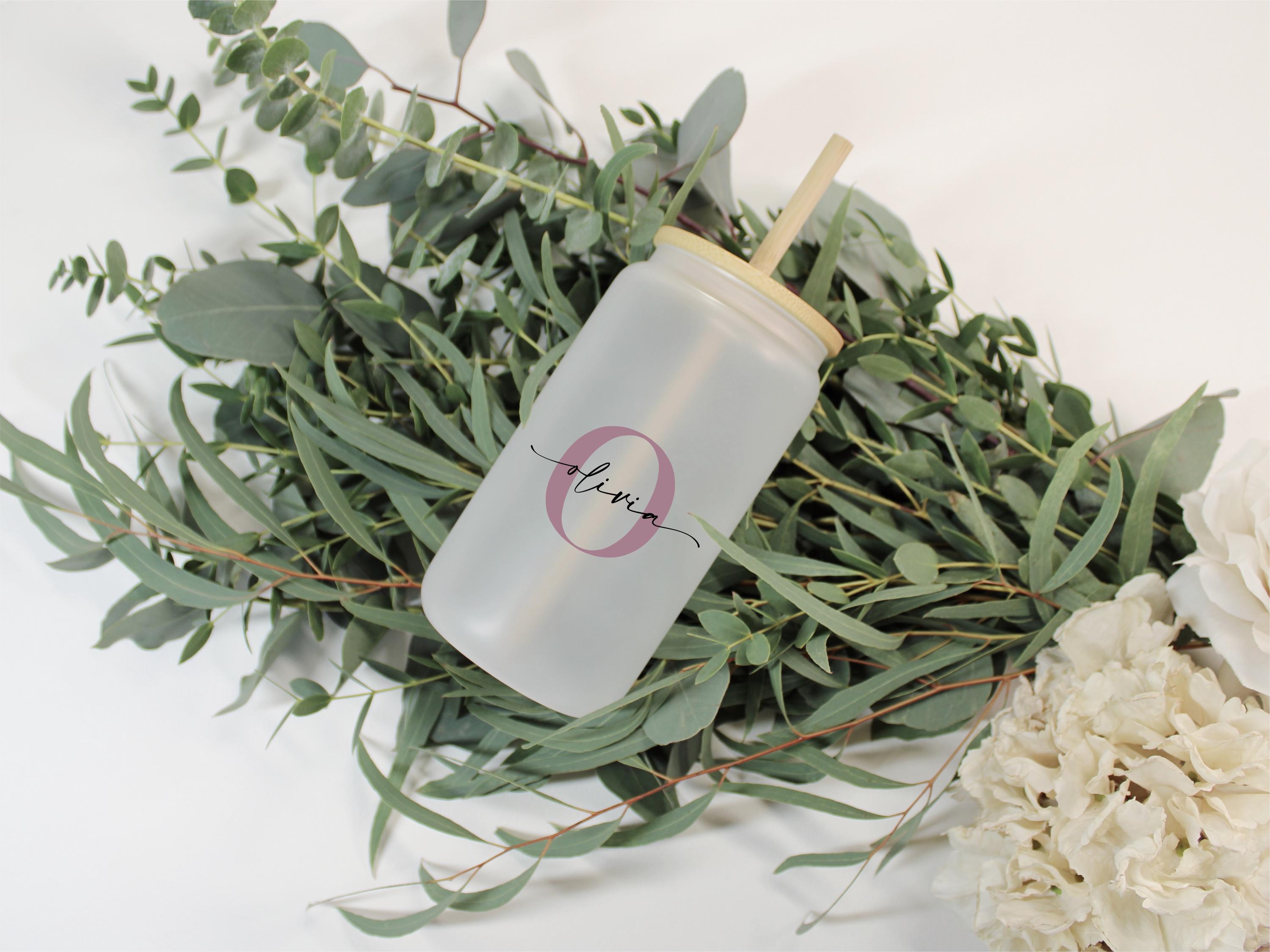 Personalised Glass Tumbler | Name & Initial | Frosted Glass with lid and straw | Iced Coffee | Eco Friendly | Travel Cup | 16oz | Reusable
