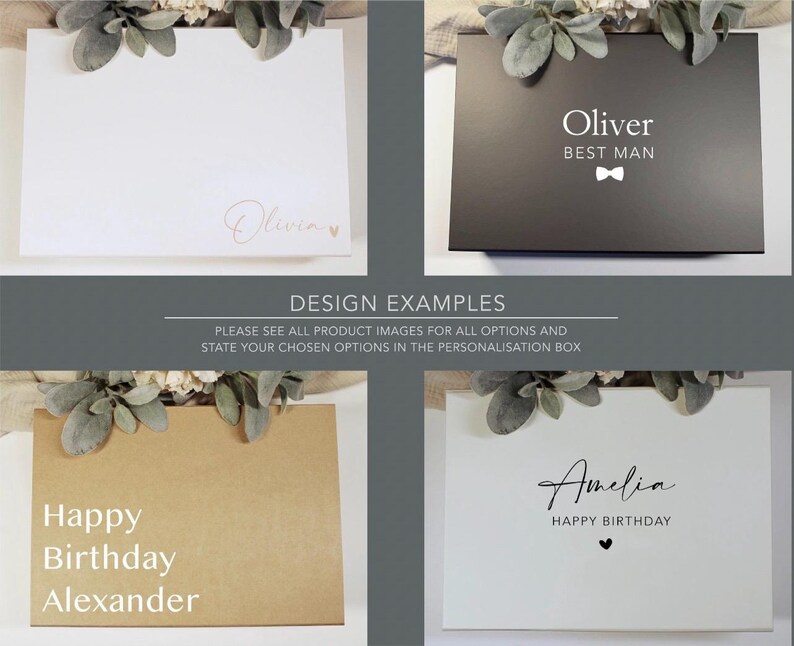 Op de afbeelding: Vier verschillende ontwerpvoorbeelden voor gepersonaliseerde cadeaudozen. De eerste doos is wit met de naam "Olivia" in cursief met een klein hartje. De tweede doos is bruin met de tekst "Happy Birthday Alexander". De derde doos is zwart met de tekst "Oliver Getuige" en een strikicoon. De vierde doos is wit met de tekst "Amelia Happy Birthday" en een klein hartje.