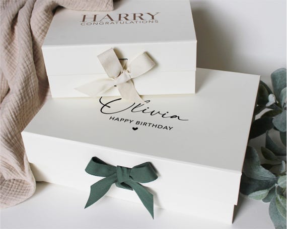 Personalised Gift Box | Custom Luxury Gift Box | Ribbon & Text Colours | Text Inside | Medium and Large | Ivory, White, Kraft Brown, Black