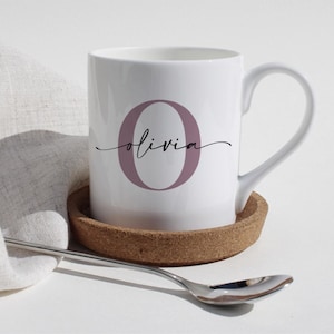 Taza y posavasos personalizados / Nombre e inicial / Taza de té o café / Regalo personalizado / Porcelana china, cerámica, esmalte / 8 oz, 10 oz, 11 oz, 12 oz
