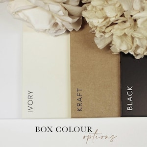 Op de afbeelding: Vier kleurstalen die verschillende dooskleuren laten zien: wit, ivoor, kraft en zwart. De tekst "BOX COLOUR options" staat onder de kleurstalen.