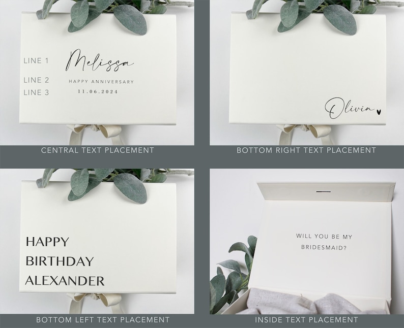 Op de afbeelding: Vier witte cadeaudozen met verschillende tekstplaatsingen. De eerste doos heeft de tekst "REGEL 1 Melissa REGEL 2 GELUKKIGE VERJAARDAG REGEL 3 11.06.2024" in het midden. De tweede doos heeft de tekst "Olivia" in de rechterbenedenhoek. De derde doos heeft de tekst "GELUKKIGE VERJAARDAG ALEXANDER" in de linkerbenedenhoek. De vierde doos heeft de tekst "WIL JE MIJN BRUIDSMEID ZIJN?" in de doos.