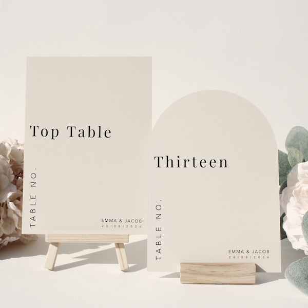 Minimalistische Hochzeit Tischnummern | 5x7"-Schilder aus Karton (gewölbt oder quadratisch)