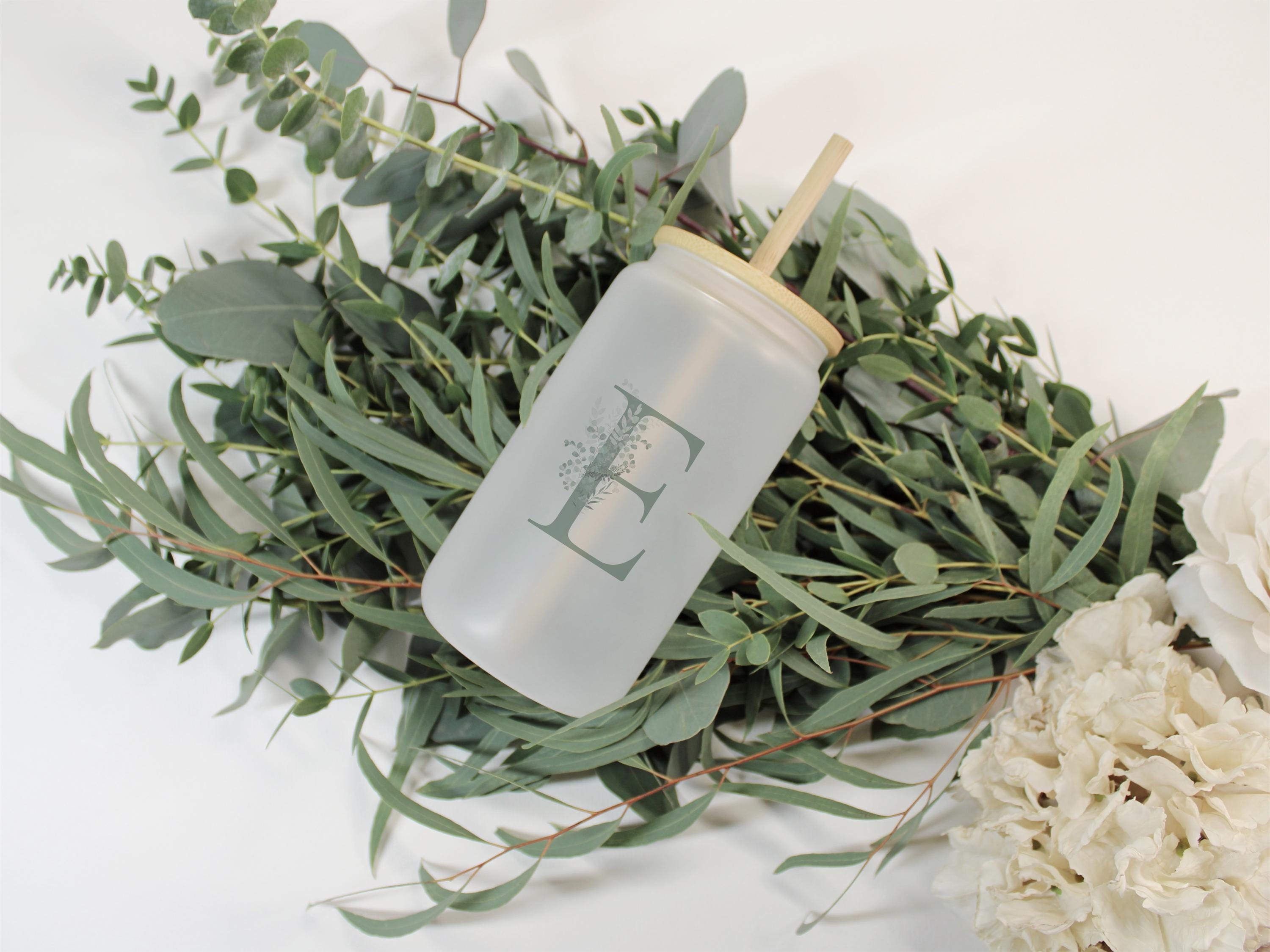 Personalised Glass Tumbler | Initial Greenery | Frosted Glass with lid and straw | Iced Coffee | Eco Friendly | Travel Cup | 16oz | Reusable