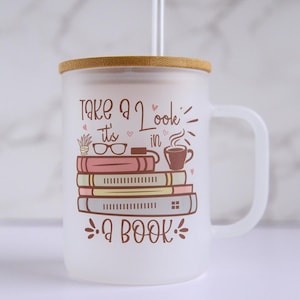 Take a Look, It&#39;s in a Book Nostalgic 17 oz Frosted Glass Coffee Mug, Lid and Straw Included, Bookish Gift, Hot or Iced Coffee