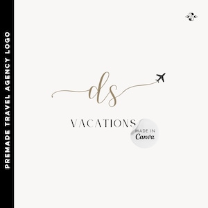 May include: A logo for a travel agency called "DS Vacations". The logo features a handwritten script font with the letters "DS" and a small airplane icon flying above a curved line. The text "Vacations" is below the script font. A sticker with the text "Made in Canva" is in the lower right corner of the image.
