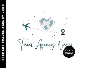 Travel Agency Logo Design, Globe & Airplane Canva Template (Editable)