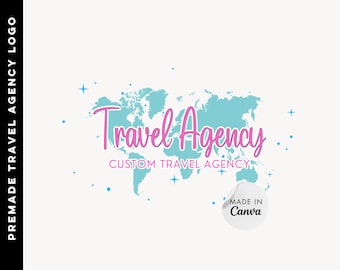 Customizable Travel Agency Logo, Pink Teal Globe (Canva Editable)