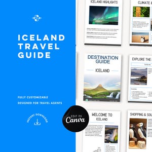 Guida turistica dell'Islanda / Risorsa cliente pronta all'uso e personalizzabile per agenti di viaggio / Modello Canva modificabile / Marketing per agenzie di viaggio