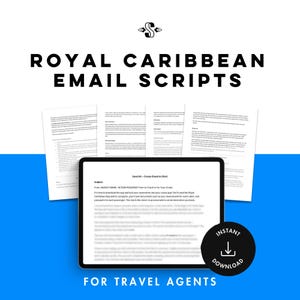 May include: A digital tablet displaying a sample email script for travel agents. The email subject is "Cruise Check In (Pre)" and the email body explains the process for checking in for a Royal Caribbean cruise. The text "INSTANT DOWNLOAD" is visible in the lower right corner of the image.