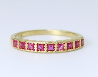 Square Lab Ruby Gemstone Ring: 14K Gold or Sterling Silver
