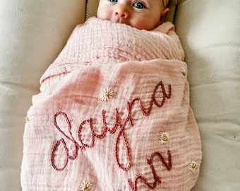 Personalized Hand Lettered Embroidered Baby Swaddle Receiving Blanket with Flowers