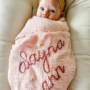 Personalized Hand Lettered Embroidered Baby Swaddle Receiving Blanket with Flowers