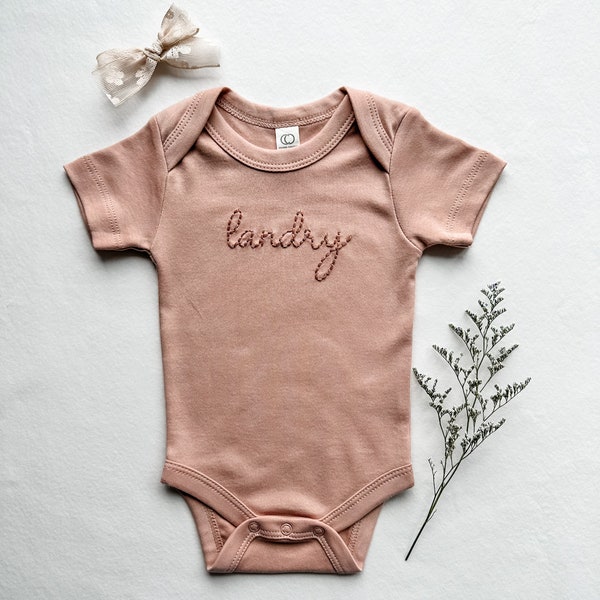 Personalized Name Embroidered Short Sleeve Bodysuit, Hospital Coming Home Outfit, Hand Stitched Newborn Clothes with Name, Handmade Gift