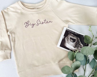 Big Sister/Big Brother Hand Embroidered Announcement Sweater, Pregnancy Announcement Shirt, Custom Baby and Toddler Pullover Sweatshirt