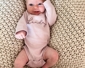 Custom Hand Embroidered Long Sleeve Bodysuit, Coming Home Hospital Outfit, Personalized Shirt with Name, Unique Baby Gift