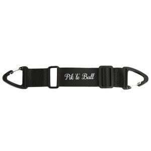 May include: Black adjustable strap with a carabiner on each end. The strap has the text "Pik 'le Ball" embroidered in white.