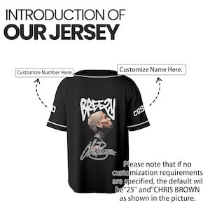 May include: Black baseball jersey with white trim and the text "BREEZY" and a portrait. The jersey has the option to customize the number and name. The text "INTRODUCTION OF OUR JERSEY" is at the top.