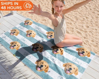 Personalized Dog Face Beach Towel with Name, Custom Pet Photo Beach Towel, Striped Name Pool Towel, Custom Dog Beach Towel, Dog Lover Gift