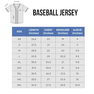 May include: A diagram of a baseball jersey with measurements in inches. The text "BASEBALL JERSEY" is displayed above a size chart. The chart includes sizes XS to 5XL, with measurements for length, chest, shoulder, and sleeve.