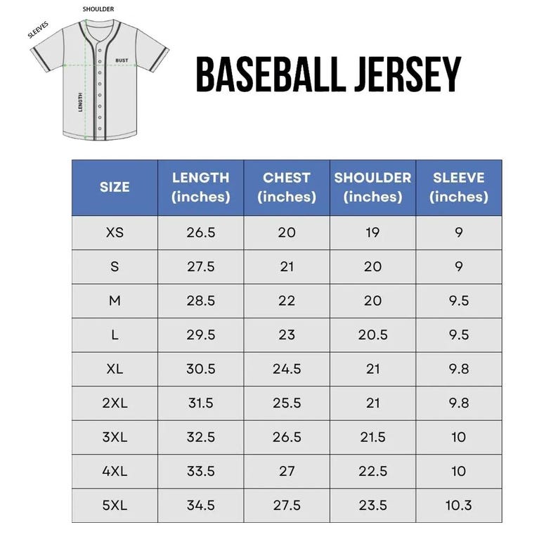 May include: A diagram of a baseball jersey with measurements in inches. The text "BASEBALL JERSEY" is displayed above a size chart. The chart includes sizes XS to 5XL, with measurements for length, chest, shoulder, and sleeve.