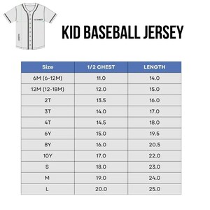 May include: White and grey kid's baseball jersey with a button-up front. The image includes a size chart with measurements for chest and length. Text on the image reads "KID BASEBALL JERSEY". Measurements are in inches.
