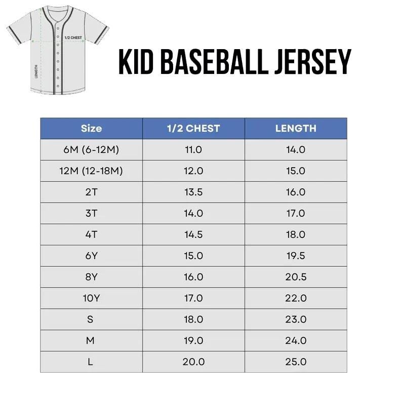 May include: White and grey kid's baseball jersey with a button-up front. The image includes a size chart with measurements for chest and length. Text on the image reads "KID BASEBALL JERSEY". Measurements are in inches.