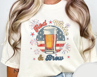 Camiseta roja, blanca y con cerveza, divertida camiseta patriótica del 4 de julio, barbacoa al aire libre, Día de la Independencia, cerveza, camiseta teñida en ropa Unisex