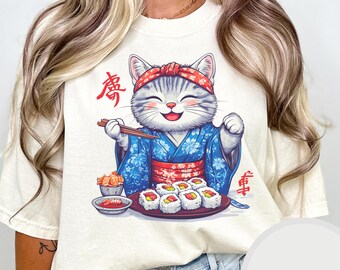 Sushi Cat Kitten Kitty Japanese Manga Chibi Kawaii Neko Manga Anime Cartoon Funny Joke Meme Cat Lover Gift T-shirt Comfort Colors C1717