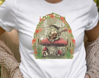 Frog Playing Guitar Mushroom T Shirt Animal Lover Cute Frog Unisex Jersey Short Sleeve Tee